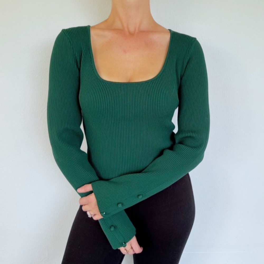 Forever 21 dark green scoop neck button sleeve ribbed knit sweater size XL